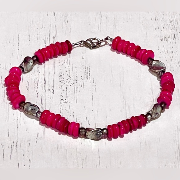 Pink and Silver Handmade Beaded Bracelet - Picture 4 of 6